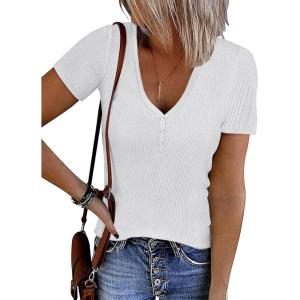 imageATHMILE Womens Short Sleeve V Neck Ribbed Knit Button T Shirts Henley Solid Color Summer TopsWhite