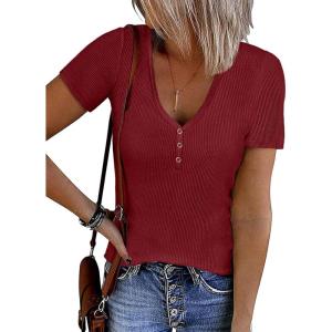 imageATHMILE Womens Short Sleeve V Neck Ribbed Knit Button T Shirts Henley Solid Color Summer TopsWinered