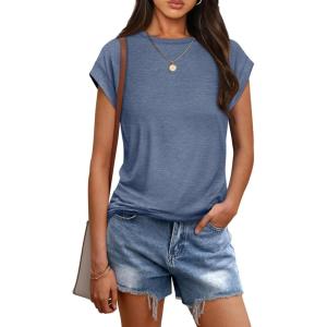 imageATHMILE Womens Tops Summer Basic T Shirts Business Casual Loose Fit Cap Sleeve Tee Cute Clothes Trendy Fashion OutfitsGrey Blue