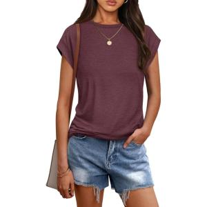 imageATHMILE Womens Tops Summer Basic T Shirts Business Casual Loose Fit Cap Sleeve Tee Cute Clothes Trendy Fashion OutfitsWine Red