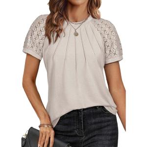 imageATHMILE Womens Tshirts Trendy Fashion Tops Lace Short Sleeve Business Tee Shirts Casual Knitted Blouses Summer Outfits 2025Beige