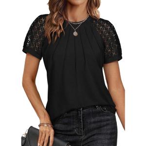 imageATHMILE Womens Tshirts Trendy Fashion Tops Lace Short Sleeve Business Tee Shirts Casual Knitted Blouses Summer Outfits 2025Black