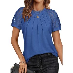 imageATHMILE Womens Tshirts Trendy Fashion Tops Lace Short Sleeve Business Tee Shirts Casual Knitted Blouses Summer Outfits 2025Blue