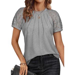 imageATHMILE Womens Tshirts Trendy Fashion Tops Lace Short Sleeve Business Tee Shirts Casual Knitted Blouses Summer Outfits 2025Grey