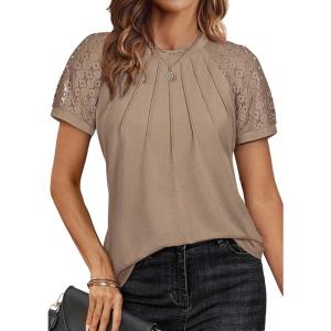 imageATHMILE Womens Tshirts Trendy Fashion Tops Lace Short Sleeve Business Tee Shirts Casual Knitted Blouses Summer Outfits 2025Khaki