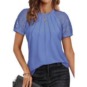 imageATHMILE Womens Tshirts Trendy Fashion Tops Lace Short Sleeve Business Tee Shirts Casual Knitted Blouses Summer Outfits 2025Lightblue