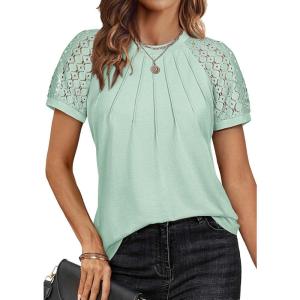 imageATHMILE Womens Tshirts Trendy Fashion Tops Lace Short Sleeve Business Tee Shirts Casual Knitted Blouses Summer Outfits 2025Mint Green
