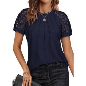 imageATHMILE Womens Tshirts Trendy Fashion Tops Lace Short Sleeve Business Tee Shirts Casual Knitted Blouses Summer Outfits 2025Navy