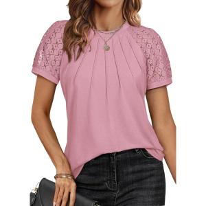 imageATHMILE Womens Tshirts Trendy Fashion Tops Lace Short Sleeve Business Tee Shirts Casual Knitted Blouses Summer Outfits 2025Pink