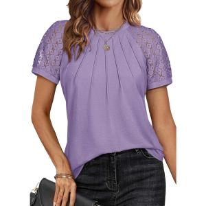 imageATHMILE Womens Tshirts Trendy Fashion Tops Lace Short Sleeve Business Tee Shirts Casual Knitted Blouses Summer Outfits 2025Purple