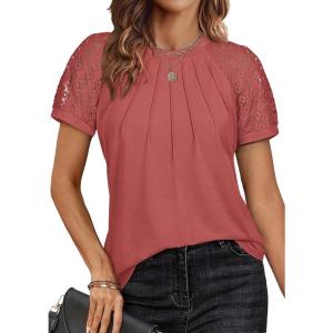 imageATHMILE Womens Tshirts Trendy Fashion Tops Lace Short Sleeve Business Tee Shirts Casual Knitted Blouses Summer Outfits 2025Rust