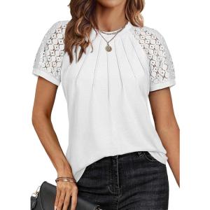 imageATHMILE Womens Tshirts Trendy Fashion Tops Lace Short Sleeve Business Tee Shirts Casual Knitted Blouses Summer Outfits 2025White