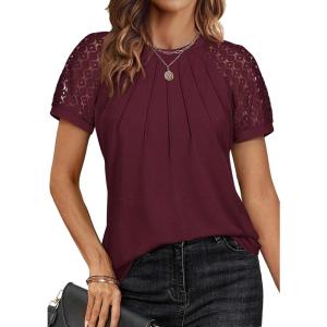 imageATHMILE Womens Tshirts Trendy Fashion Tops Lace Short Sleeve Business Tee Shirts Casual Knitted Blouses Summer Outfits 2025Winered