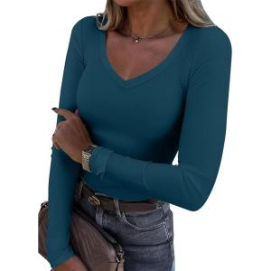 imageATHMILE Womens Fall Deep V Neck Long Sleeve Shirts Modal Slim Fit Basic Tee Tops Navy