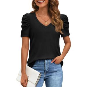 imageATHMILE Womens Summer Shirt V Neck Casual Tshirts Puff Sleeve Tops for Women Trendy 2025 Tunic Solid ColorBlack
