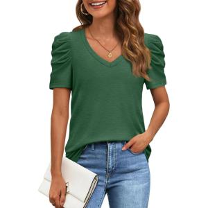 imageATHMILE Womens Summer Shirt V Neck Casual Tshirts Puff Sleeve Tops for Women Trendy 2025 Tunic Solid ColorDark Green
