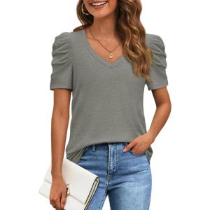 imageATHMILE Womens Summer Shirt V Neck Casual Tshirts Puff Sleeve Tops for Women Trendy 2025 Tunic Solid ColorGrey