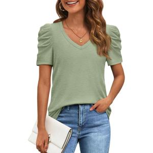 imageATHMILE Womens Summer Shirt V Neck Casual Tshirts Puff Sleeve Tops for Women Trendy 2025 Tunic Solid ColorGrey Green