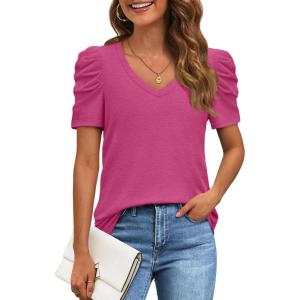 imageATHMILE Womens Summer Shirt V Neck Casual Tshirts Puff Sleeve Tops for Women Trendy 2025 Tunic Solid ColorHot Pink