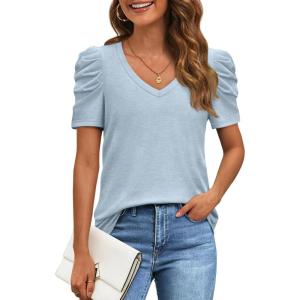 imageATHMILE Womens Summer Shirt V Neck Casual Tshirts Puff Sleeve Tops for Women Trendy 2025 Tunic Solid ColorIce Blue