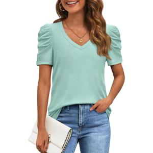 imageATHMILE Womens Summer Shirt V Neck Casual Tshirts Puff Sleeve Tops for Women Trendy 2025 Tunic Solid ColorLake Green