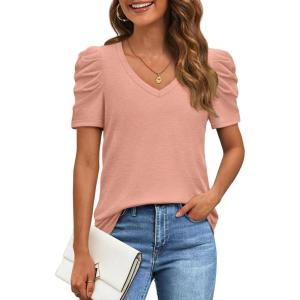 imageATHMILE Womens Summer Shirt V Neck Casual Tshirts Puff Sleeve Tops for Women Trendy 2025 Tunic Solid ColorPink