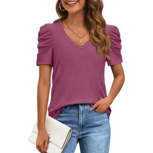 imageATHMILE Womens Summer Shirt V Neck Casual Tshirts Puff Sleeve Tops for Women Trendy 2025 Tunic Solid ColorPurple Red