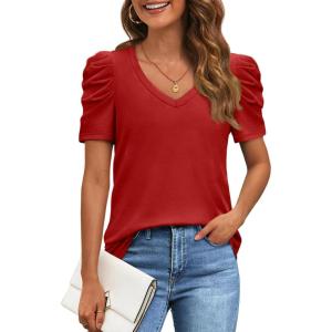 imageATHMILE Womens Summer Shirt V Neck Casual Tshirts Puff Sleeve Tops for Women Trendy 2025 Tunic Solid ColorRed