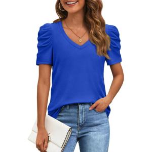 imageATHMILE Womens Summer Shirt V Neck Casual Tshirts Puff Sleeve Tops for Women Trendy 2025 Tunic Solid ColorRoyal Blue