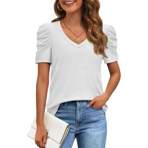 imageATHMILE Womens Summer Shirt V Neck Casual Tshirts Puff Sleeve Tops for Women Trendy 2025 Tunic Solid ColorWhite