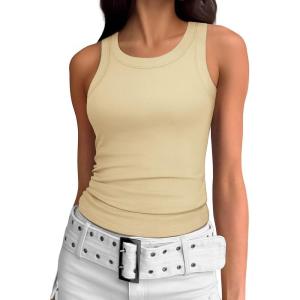imageATHMILE Womens Tank Top Sleeveless Racerback High Neck Casual Basic Ribbed Fitted 2025 FashionApricot