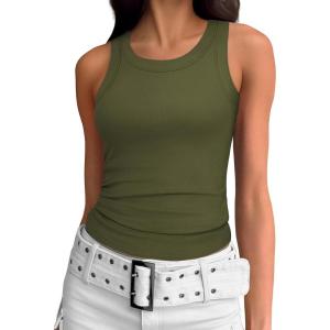 imageATHMILE Womens Tank Top Sleeveless Racerback High Neck Casual Basic Ribbed Fitted 2025 FashionArmygreen