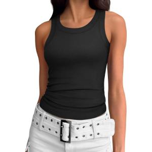 imageATHMILE Womens Tank Top Sleeveless Racerback High Neck Casual Basic Ribbed Fitted 2025 FashionBlack
