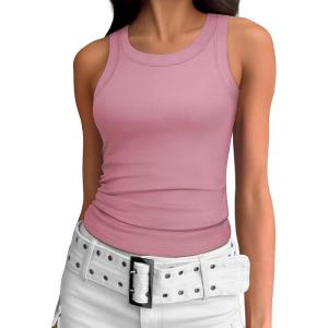 imageATHMILE Womens Tank Top Sleeveless Racerback High Neck Casual Basic Ribbed Fitted 2025 FashionDarkpink