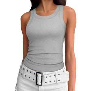 imageATHMILE Womens Tank Top Sleeveless Racerback High Neck Casual Basic Ribbed Fitted 2025 FashionGrey