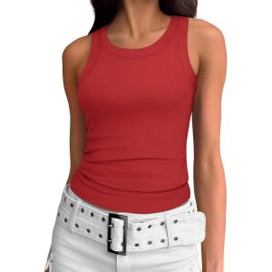 imageATHMILE Womens Tank Top Sleeveless Racerback High Neck Casual Basic Ribbed Fitted 2025 FashionRed