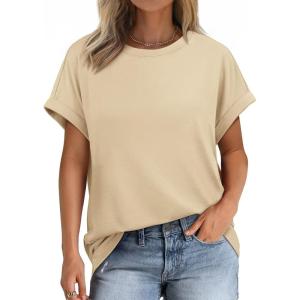 imageATHMILE Womens Tops Oversized Business Casual Shirts Loose Fit Short Sleeve Tshirts Summer Fashion ClothesApricot