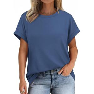 imageATHMILE Womens Tops Oversized Business Casual Shirts Loose Fit Short Sleeve Tshirts Summer Fashion ClothesBlue