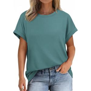 imageATHMILE Womens Tops Oversized Business Casual Shirts Loose Fit Short Sleeve Tshirts Summer Fashion ClothesBlue Green