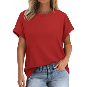 imageATHMILE Womens Tops Oversized Business Casual Shirts Loose Fit Short Sleeve Tshirts Summer Fashion ClothesRed
