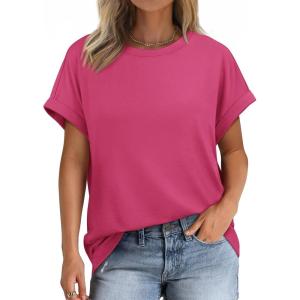 imageATHMILE Womens Tops Oversized Business Casual Shirts Loose Fit Short Sleeve Tshirts Summer Fashion ClothesRose Red