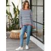 imageATHMILE Womens 2025 Long Sleeve Tops Sweaters Casual Crewneck Striped Color Block Drop Shoulder Cotton Pullover ShirtsGreybluered