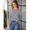 imageATHMILE Womens 2025 Long Sleeve Tops Sweaters Casual Crewneck Striped Color Block Drop Shoulder Cotton Pullover ShirtsGreybluered