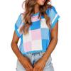 imageATHMILE Womens Cap Sleeve Tops Color Block Crop Sweater Going Out Crew Neck Knit Shirts Business Casual OutfitsBlue