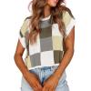 imageATHMILE Womens Cap Sleeve Tops Color Block Crop Sweater Going Out Crew Neck Knit Shirts Business Casual OutfitsKhaki