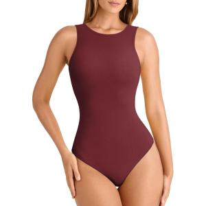 imageATHMILE Tank Top Body Suits Women Sexy Crew Neck Racerback Halter Ribbed Sleeveless Bodysuit for WomenBurgundy