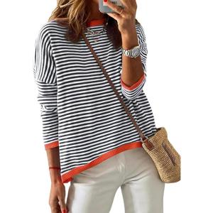 imageATHMILE Womens 2025 Long Sleeve Tops Sweaters Casual Crewneck Striped Color Block Drop Shoulder Cotton Pullover ShirtsBlackred