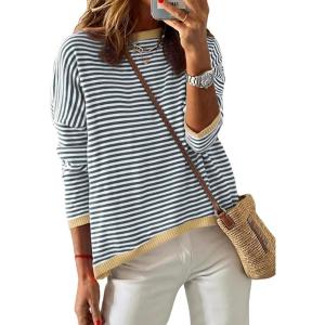 imageATHMILE Womens 2025 Long Sleeve Tops Sweaters Casual Crewneck Striped Color Block Drop Shoulder Cotton Pullover ShirtsGreyapricot