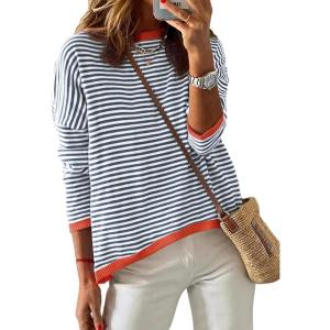 imageATHMILE Womens 2025 Long Sleeve Tops Sweaters Casual Crewneck Striped Color Block Drop Shoulder Cotton Pullover ShirtsGreybluered
