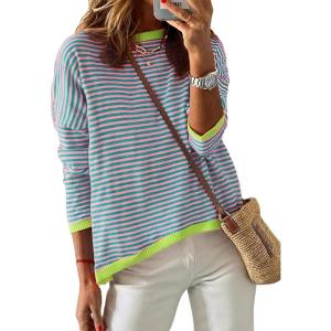 imageATHMILE Womens 2025 Long Sleeve Tops Sweaters Casual Crewneck Striped Color Block Drop Shoulder Cotton Pullover ShirtsPinkgreengreen